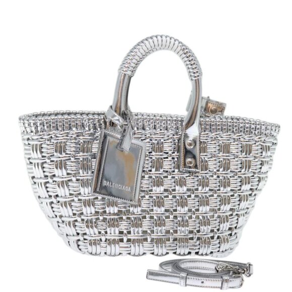 BALENCIAGA Bistro XS Hand Bag Wicker 2way Silver 671342 Auth 71589A - Picture 1 of 15